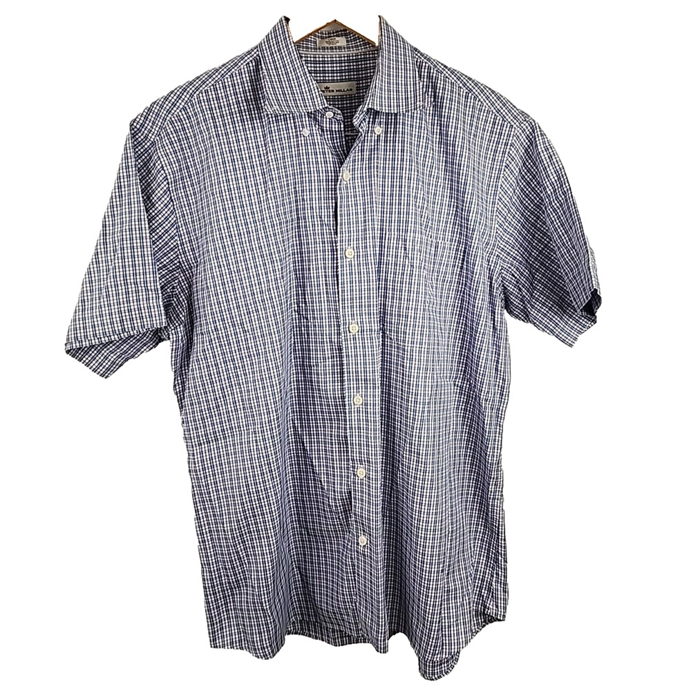 Peter Millar Short Sleeve Button Down Shirt Sz L Cotton Blue White Red Plaid